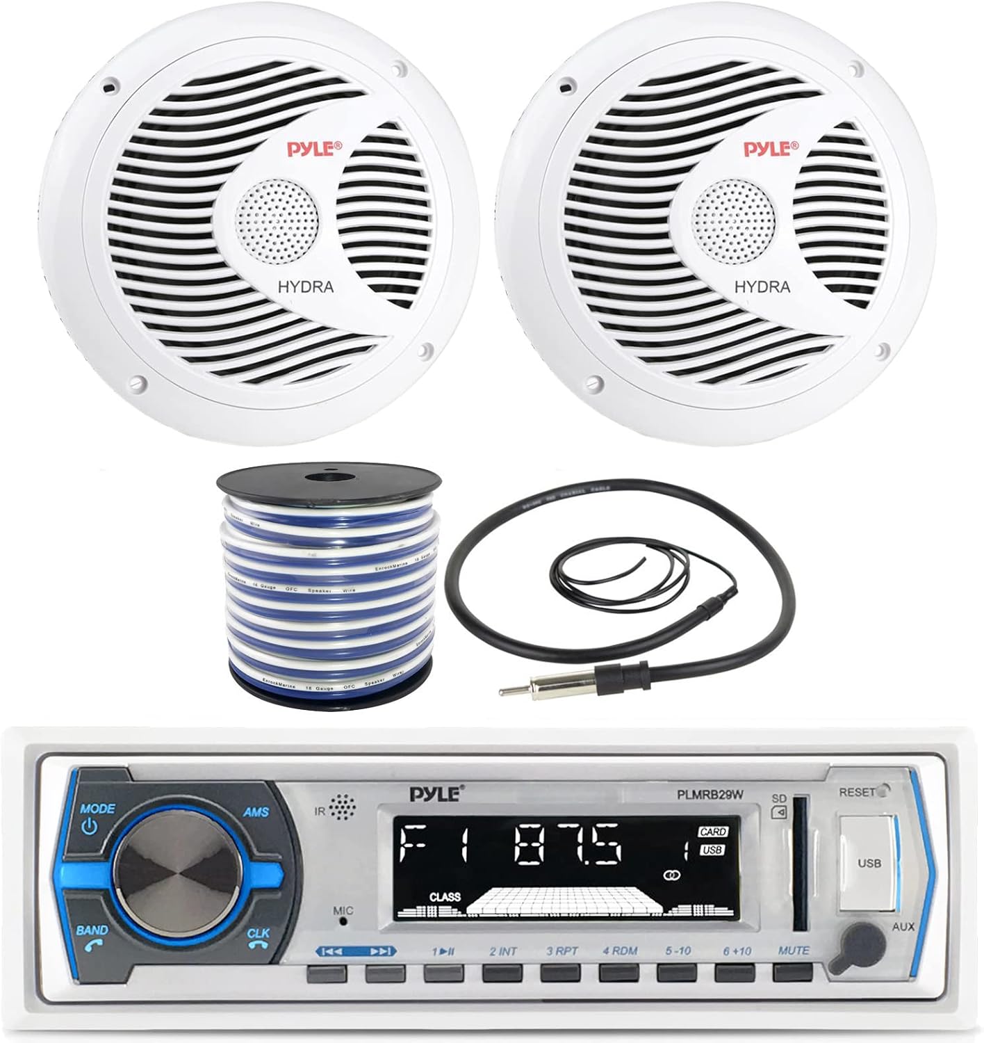Pyle Single DIN Marine Boat AM/FM USB AUX Stereo Receiver, 2 x 6.5'' Dual Cone Full-Range 150W White Audio Speakers, 18-Gauge Speaker Wire, Universal 22