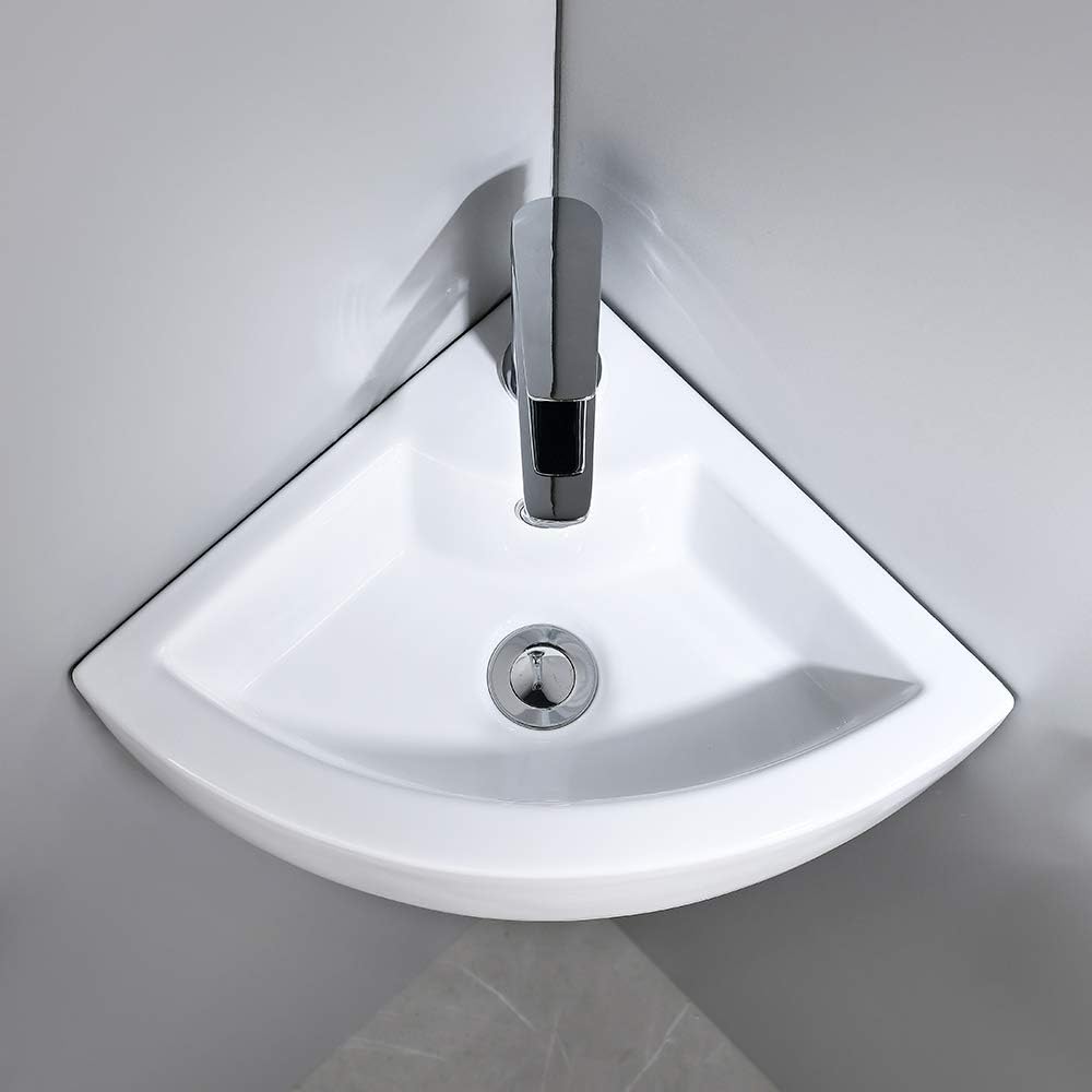 Small Corner Wall Mount Bathroom Sink and Faucet Combo - VOKIM White Porcelain Ceramic Above Counter Mini Vanity Vessel Sink with Chrome Faucet and Pop-up Drain Combo