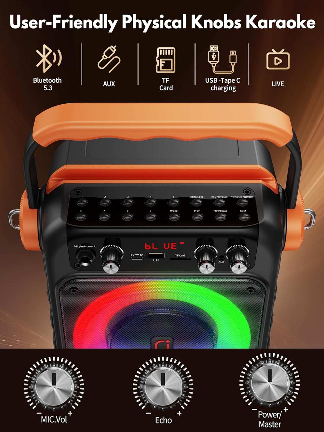 Karaoke Machine with 2 Wireless Microphones: HWWR Portable Karaoke Bluetooth 5.3 Light Speaker, PA System Home Party with Subwoofer, Disco Lights, Supports TV/REC/FM/AUX/USB/TF for Gifts Adult Kids