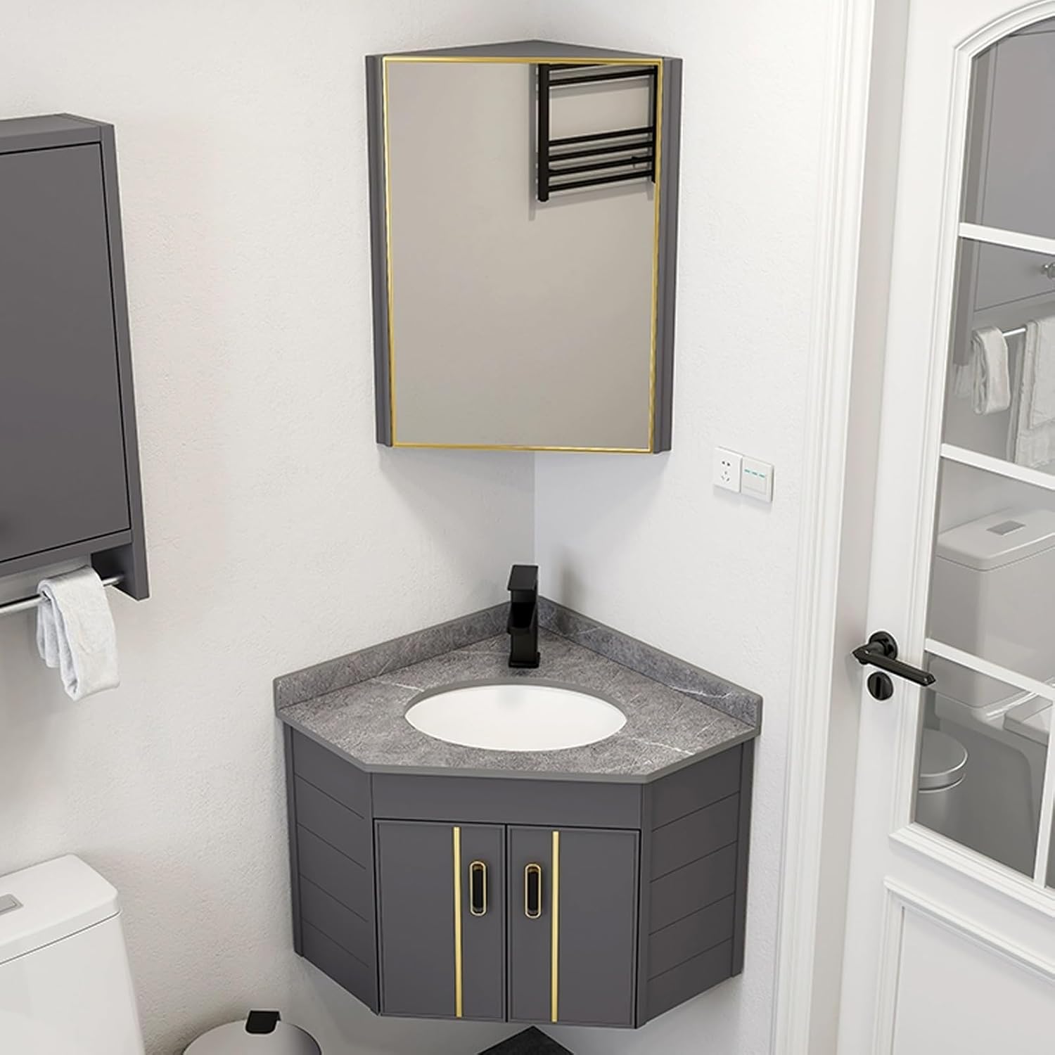 Corner Wall Mount Bathroom Sink, Corner Bathroom Vanity, Modern Bathroom Corner Cabinet, Ceramic Wash with Storage Container and Mirror Cabinet, for Small Space