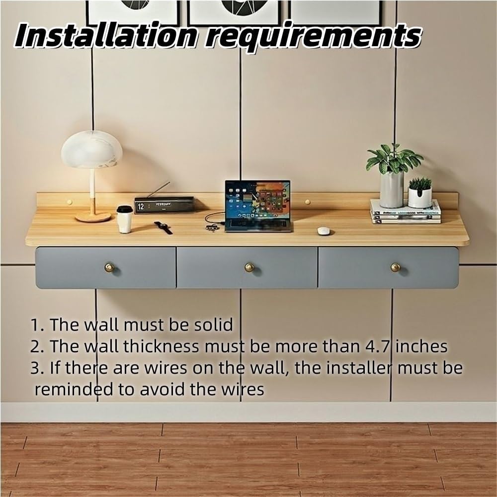 Floating Wall-Mounted Office Table with Two Drawers, Wooden Laptop Desk Shelf for Bedroom Living Room and Study, Modern Floating Vanity Workstation(White Gray)