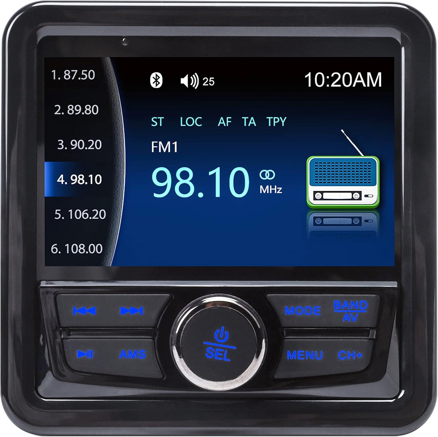 Audio Systems Marine Gauge Receiver - Weatherproof, 4-inch Display Screen, Built-in Amplifier, Bluetooth, Digital Media MP3 Player, No CD Player, USB Port,