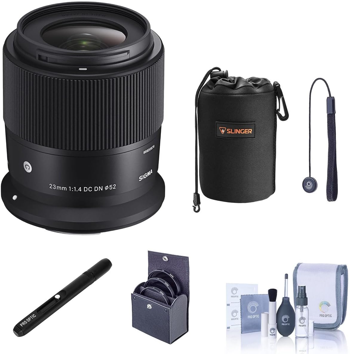 Sigma 23mm f/1.4 DC DN Contemporary Lens for Canon RF, Black, Bundle with 52mm Filter Kit, Neoprene Lens Pouch, Lens Pen Lens Cleaner, Cleaning Kit, Lens Cap Tether