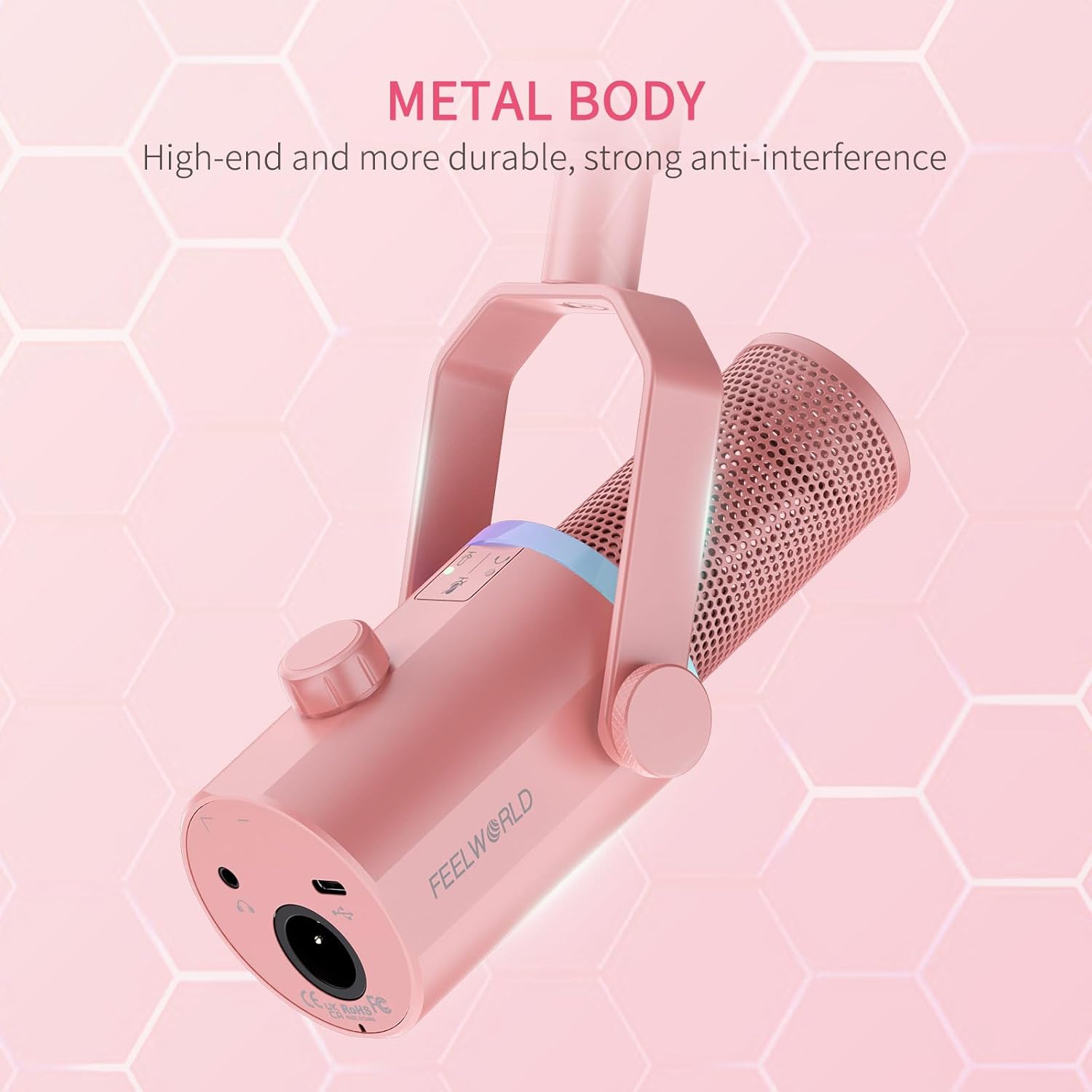 FEELWORLD PM1 XLR USB Dynamic Microphone Gifts for Podcast Recording PC Computer Gaming Live Streaming Vocal Voice-Over, Studio Metal Mic with RGB Light, Mute Button, Headphones Jack (Pink)
