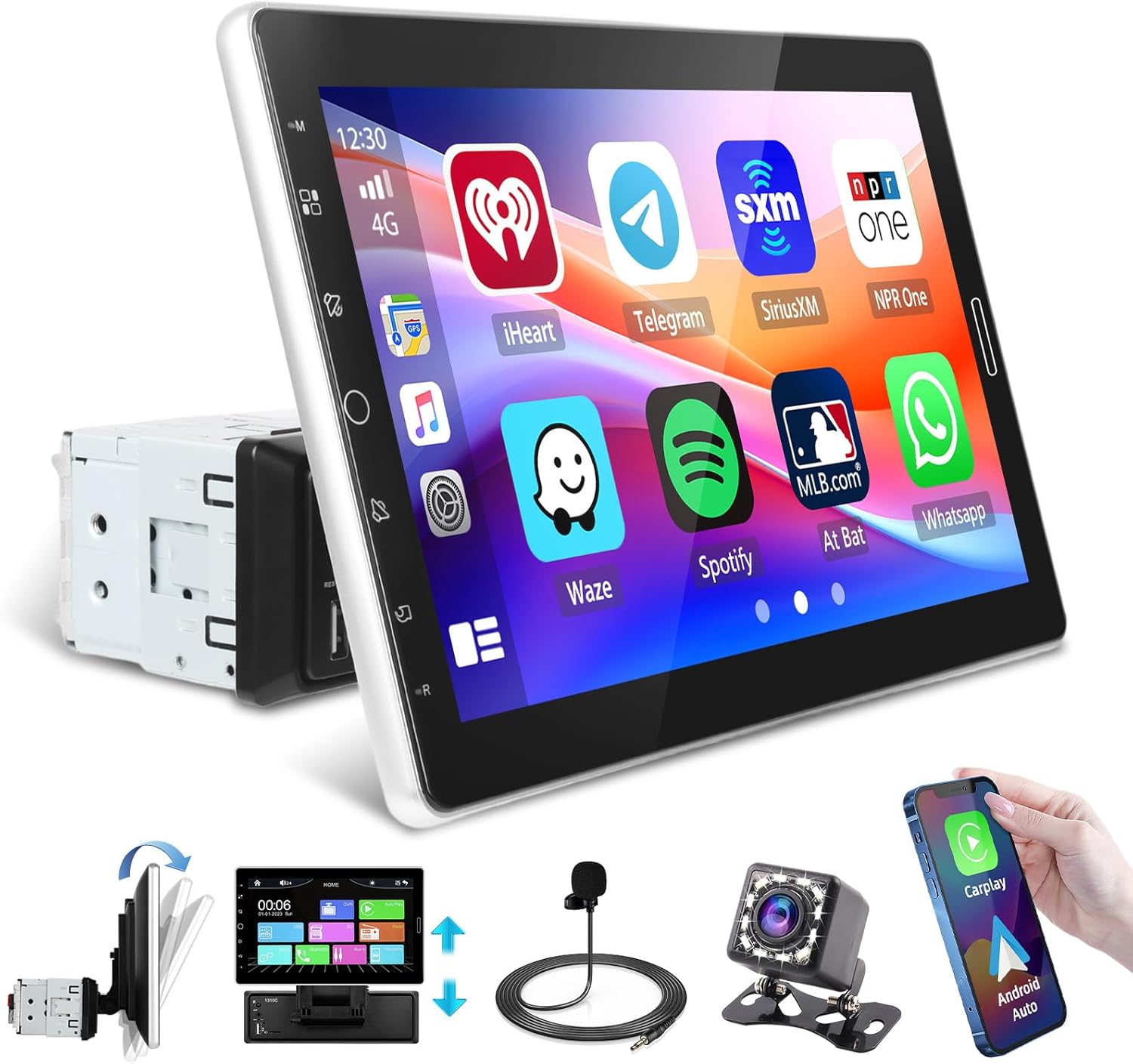 Hikity Single Din Car Stereo Carplay Android Auto Removeable 10.1 Inch Touchscreen Car Radio with Bluetooth FM Mirror Link Backup Camera + Microphone/AUX/USB