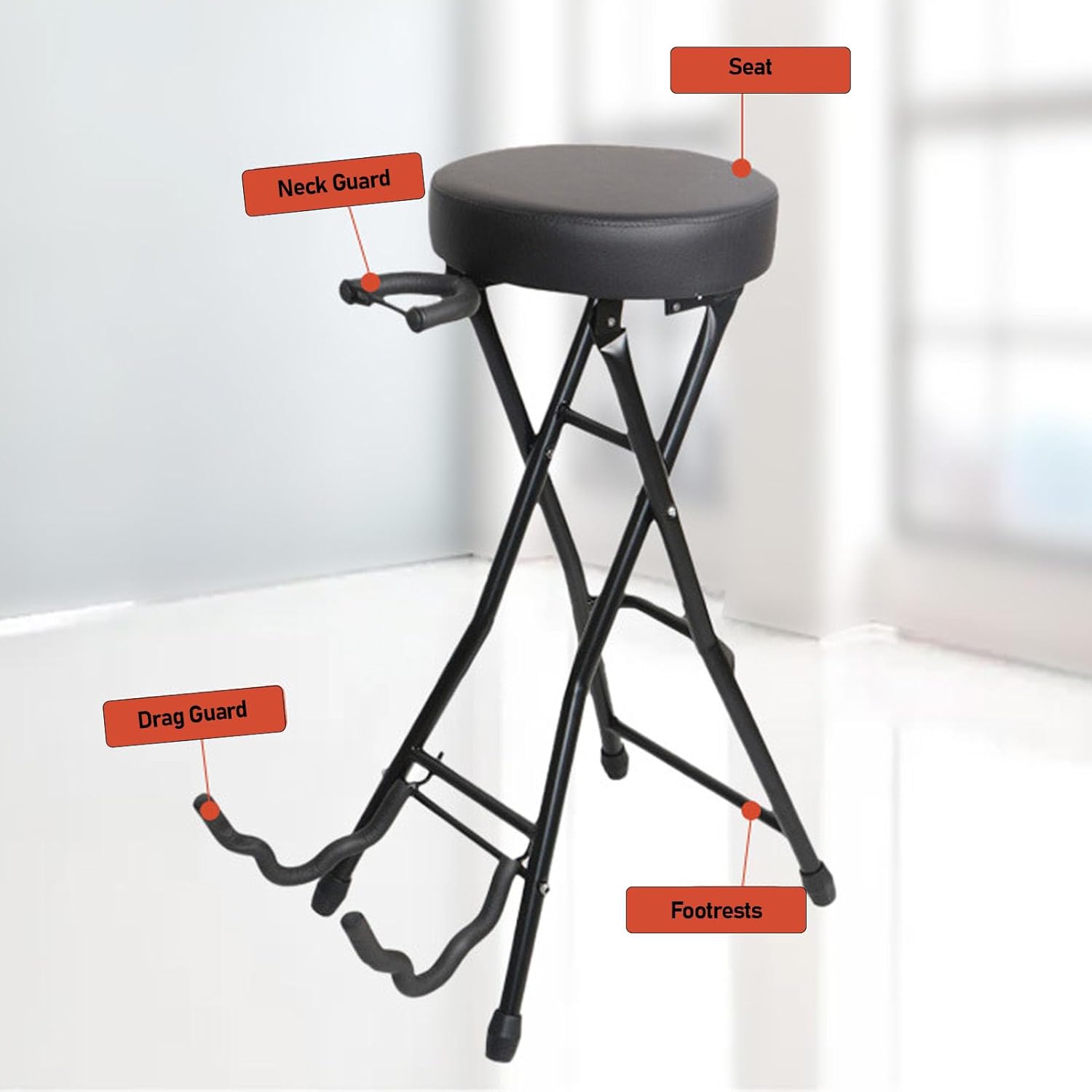 Walfront Foldable Guitar Stool Seat Bass Stool Comes with a Crossbar Guitar Chair Seat Built in Stand with EVA Foam Cradle for Studio