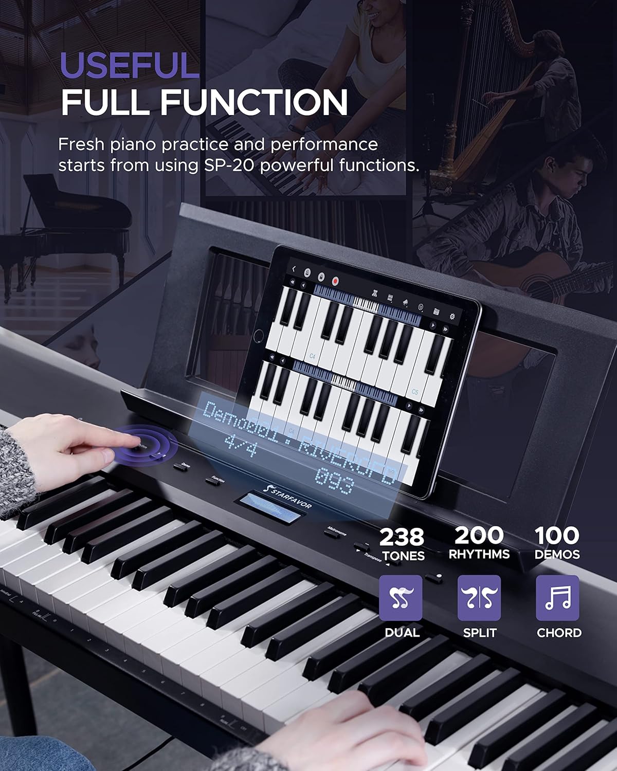 Starfavor Digital Piano 88 Key Weighted Keyboard Piano SP-20 & Piano Bench Adjustable, Wooden Piano Stool Padded Piano Seat