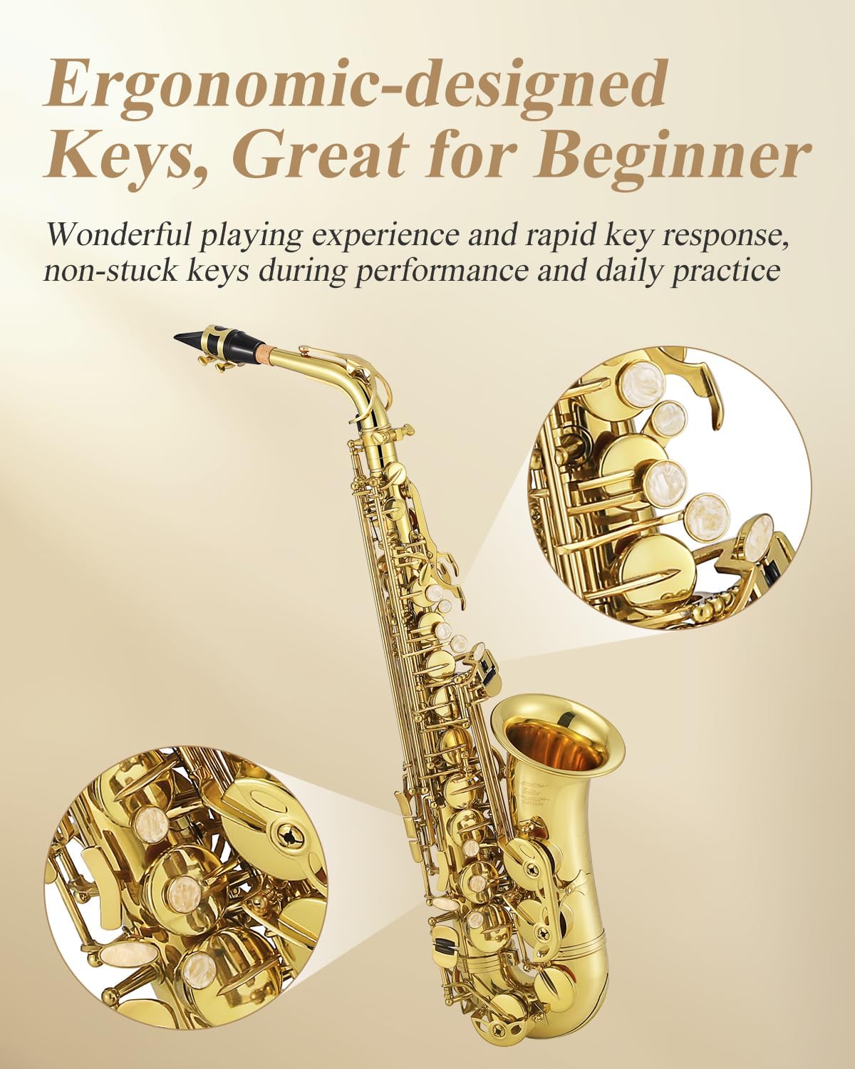 Eastar Professional Alto Saxophone Golden E Flat Eb with Cleaning Kit, Carrying Case, Mouthpiece, Neck Strap, Reeds, Stand, AS-Ⅲ