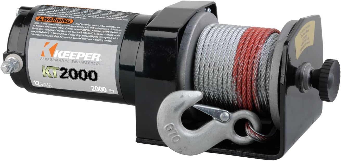 KEEPER KT2000 12V Electric Winch, 2,000 lb. Capacity, Wire Rope with Hook, Free-Spool Clutch, ATV & Trailer Mounting, Handheld Control