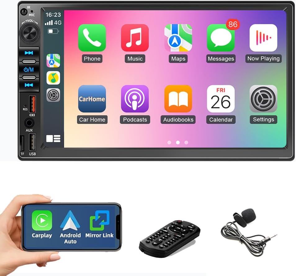 7 Inch Car Stereo Radio Player Double 2 Din Head Unit Wireless Apple CarPlay Android Auto Mirror Link Bluetooth Handsfree USB Phone Charging Steering Control Audio AUX Input Output Reverse Camera
