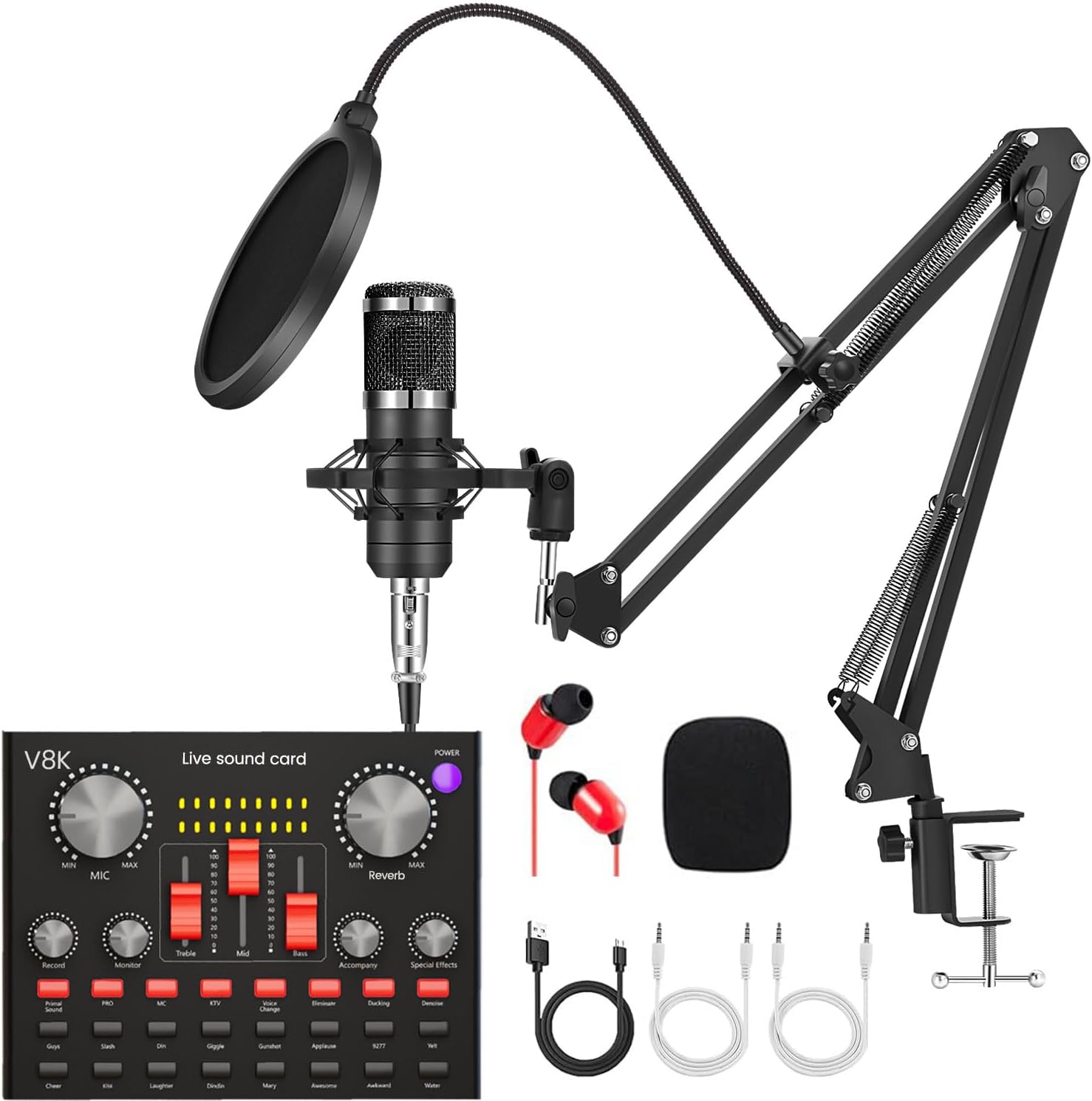 Podcasting Equipment Bundle, BM-800 Studio Kit with Voice Converter for Gamers,and All-in-One DJ Mixer Perfect for Laptop Vlog Living Broadcast Live YouTube TikTok (V8K)