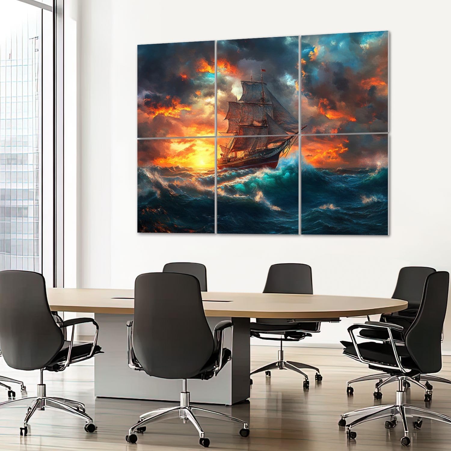 6 Pack Art Acoustic Panels Sound Absorbing Stormbound Sailing Ship Rough Sea Waves Dramatic Sky Sunset Clouds Oil Decorative Soundproof Wall Panels Self Adhesive for Recording Studios Office 72