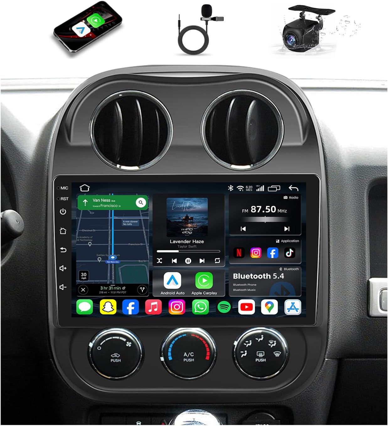 Bluetooth 5.4 Car Radio Stereo for Jeep Compass Patriot 2010-2016: [4+64GB] 10