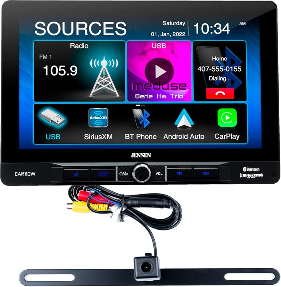 JENSEN CAR110W 10-inch Touch Screen Single DIN Car Stereo Media Receiver | Wireless and Wired Apple CarPlay & Android Auto | Bluetooth | License Plate Style Backup Camera Included | Sirius XM Ready