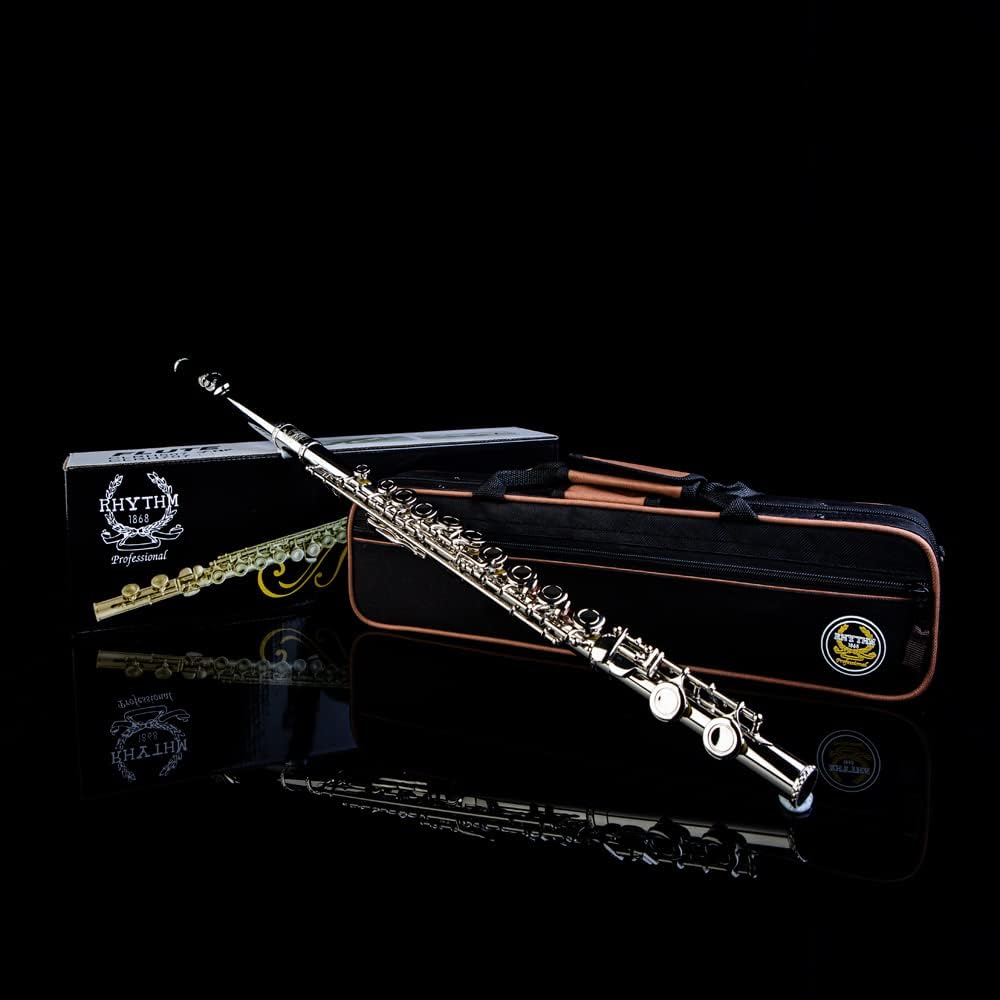 Rhythm C Flutes with Engraved Flower Closed Hole 16 Keys Flute For Student, Beginner with Stand, Carrying Case,Gloves,Joint Grease, Tuning Rod, Nickel