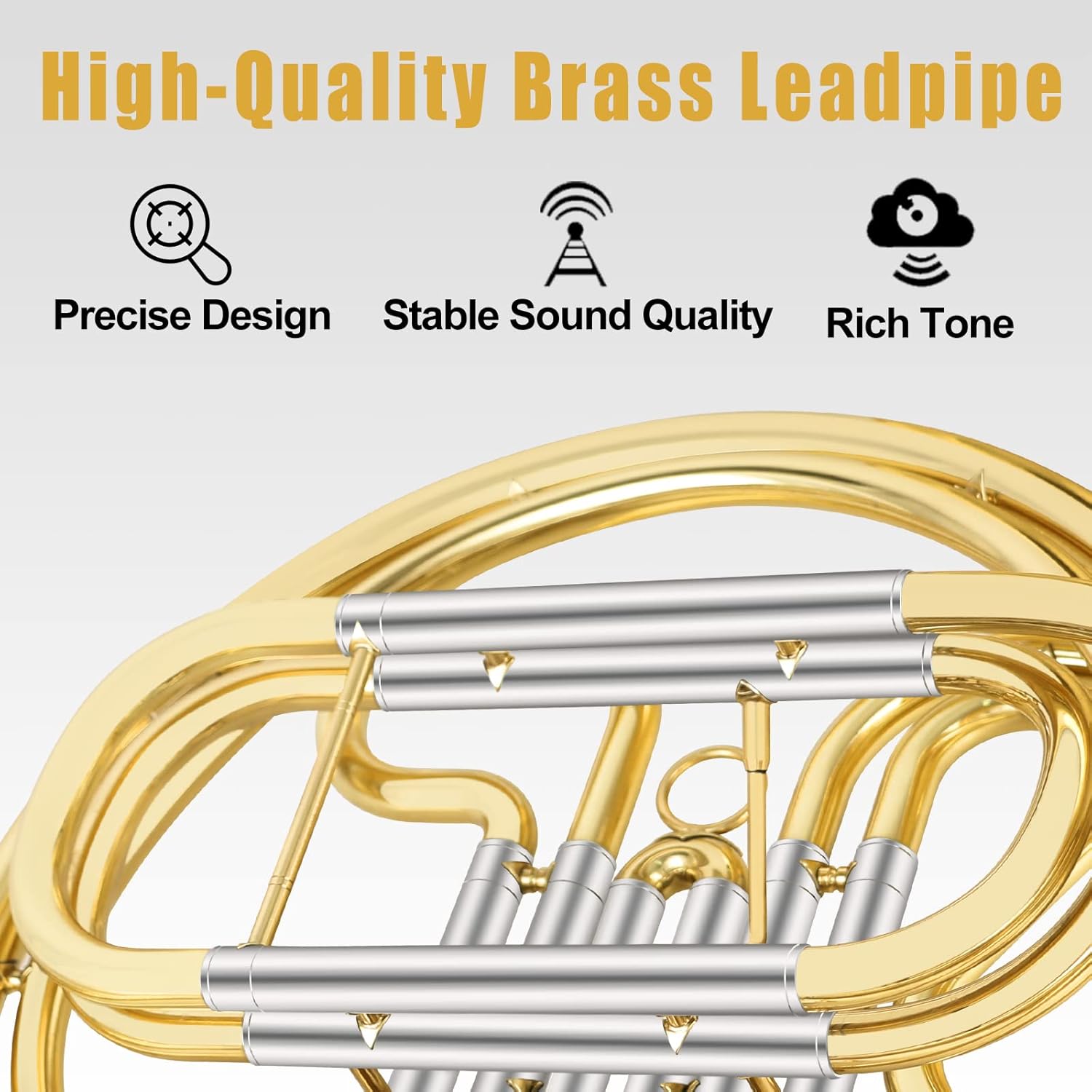 ROWELL Single French Horn 3 Keys Gold Lacquer F Horn with Case, Mouthpiece, Gloves and Polishing Cloth