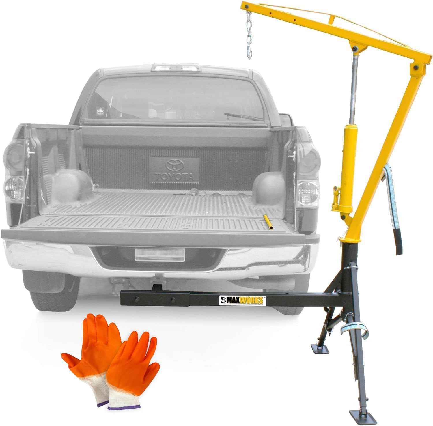 MaxxHaul 51958 1000 - lb Capacity Hitch Mount Heavy Duty Hydraulic Swivel Pickup Truck Crane w/ 3 Boom Capacities of 500 lbs, 750 lbs & 1000 lbs for 2”x 2” Hitch Receiver + Free Pair of Gloves