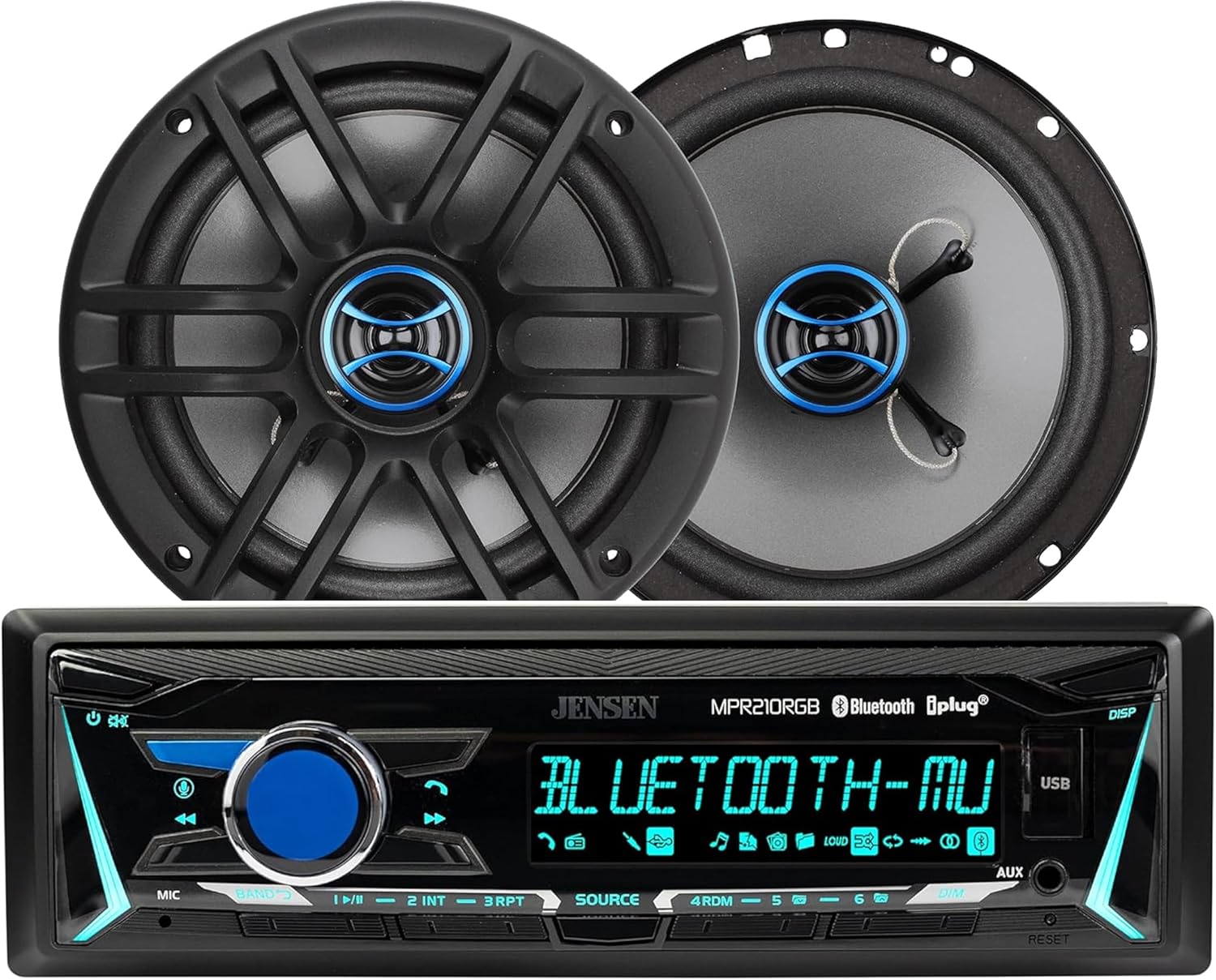 JENSEN MPR210RGB 12 Character LCD Single DIN Car Stereo Radio & JS62 2-Way 6.5 inch Car Speakers Bundle