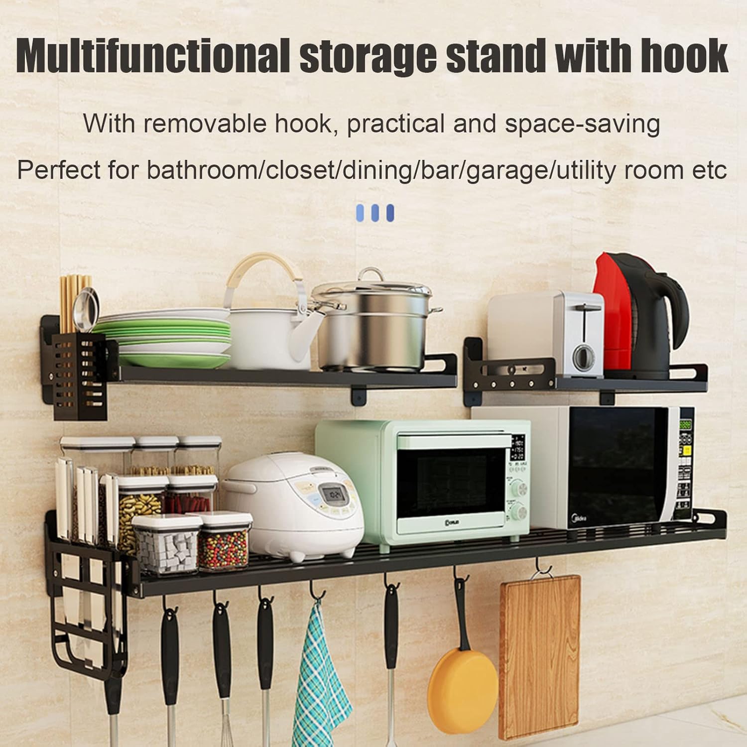 Stainless Stell Shelf Wall Mount Floating Shelving, Kitchen Spice Rack Microwave Bracket with Hooks, Commercial Restaurant Bar Multifunctional Storage Shelf, Garage/Bathroom Shelves Organization