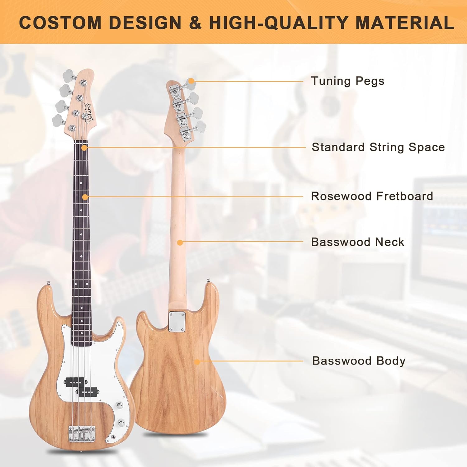 Glarry Electric Bass Guitar Full Size 4 String Rosewood Basswood Fire Style Exquisite Burning Bass(Burly Wood)