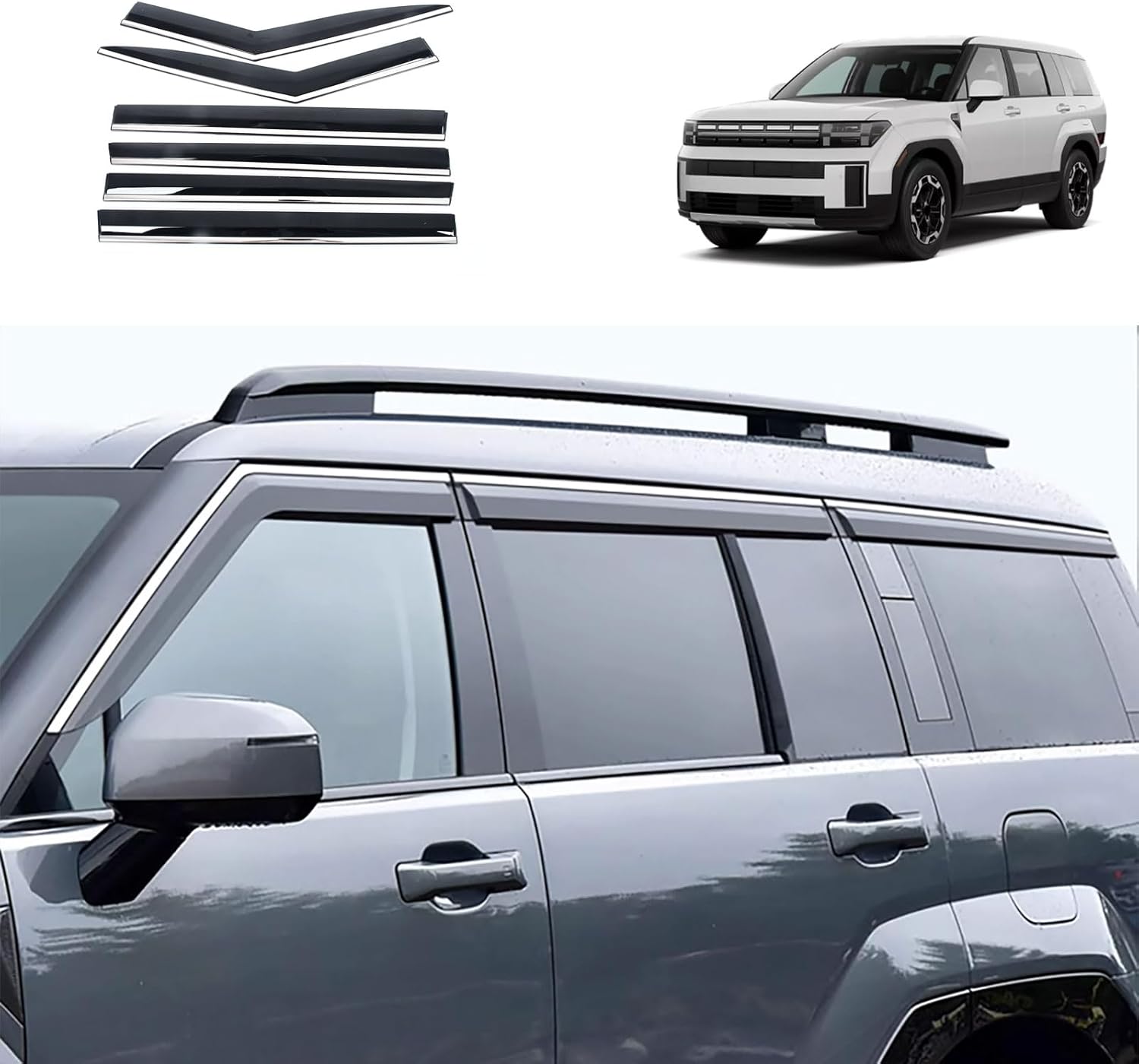 Car Accessories Compatible with Hyundai Santa Fe 2024 2025 Exterior Rain Guards Side Window Visor Tape-on Window 6PCS