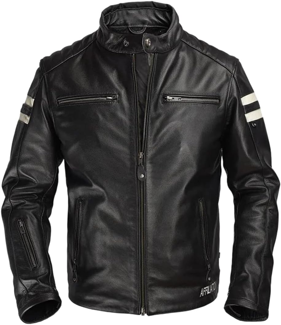 Men Sports Style Plus Size Genuine Natural Cowhide Stand Collar Slim Fit Leather Jacket Coat