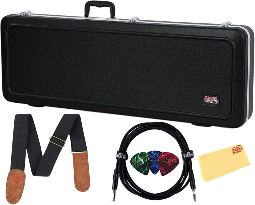 Gator GC-ELECTRIC-A Deluxe ABS Molded Case for Strat/Tele Style Electric Guitars - Black Bundle with Cable, Strap, Picks, and Austin Bazaar Polishing Cloth