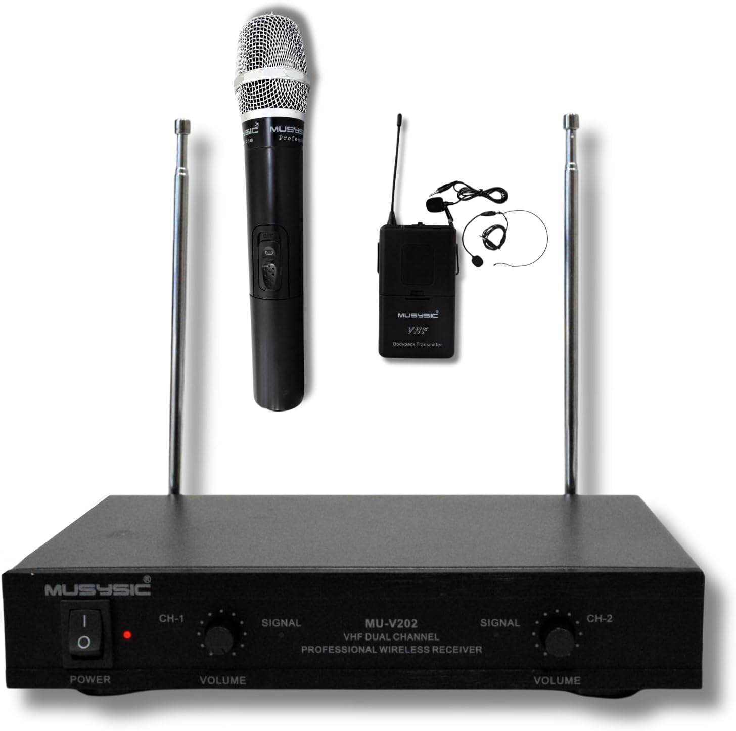 MUSYSIC 2-Channel Professional Wireless VHF Microphone System with Handheld & Lapel/Lavalier Headset for Church, Party, Meetings, Conference, Karaoke