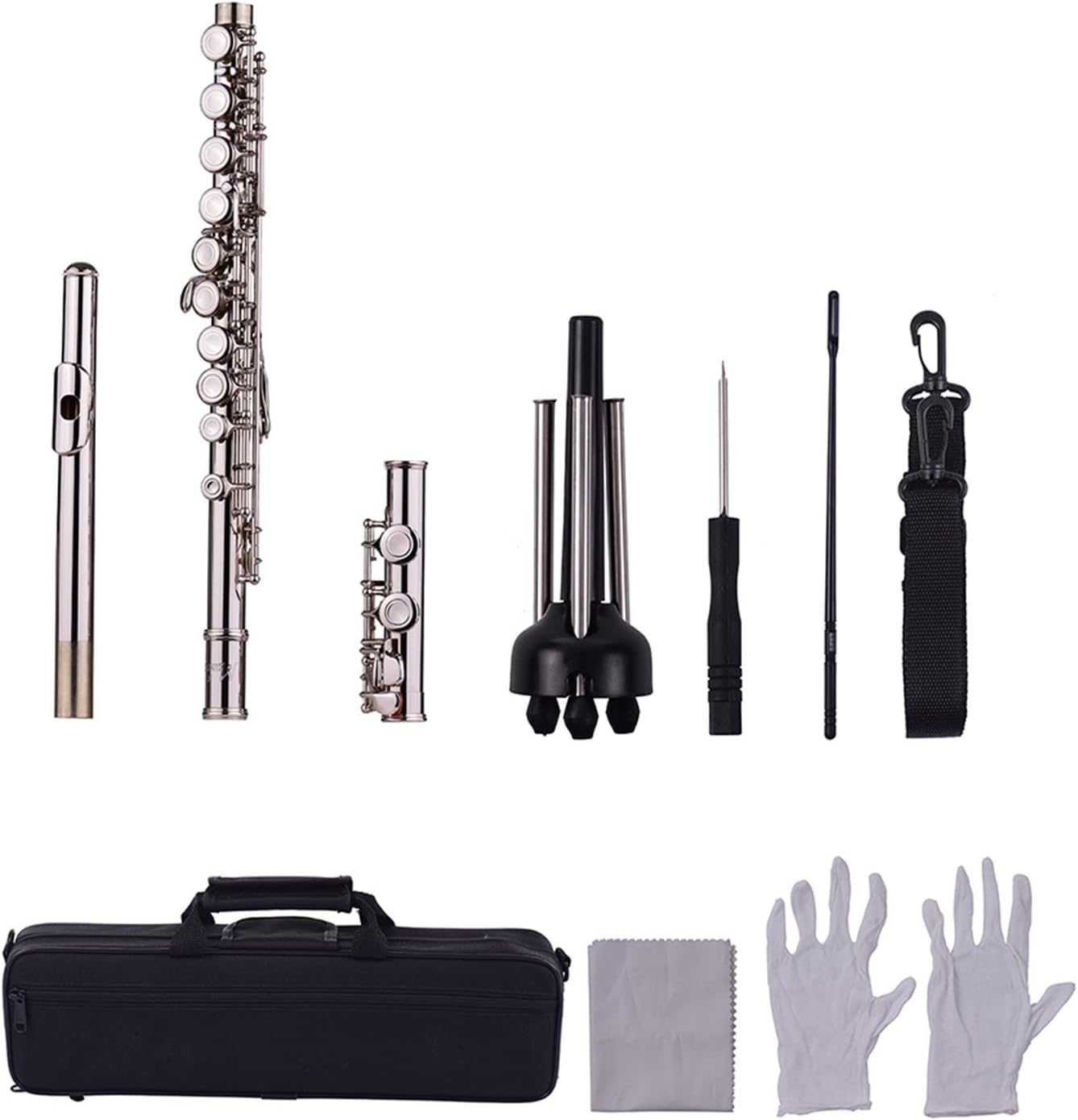 Flute Kit 16-Hole Flute C Key Cupronickel Material Silver Plated Wind Instrument with Flute Stand Cleaning Cloth Gloves Case Intermediate Flute