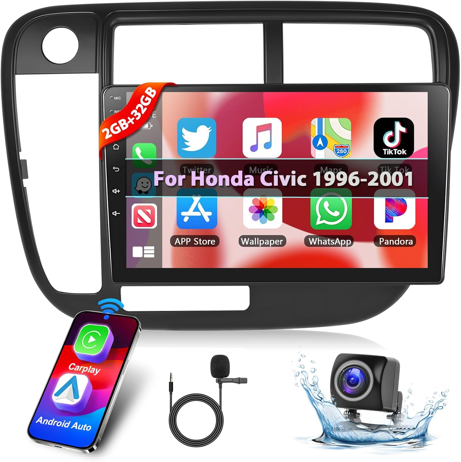 Podofo 2G+32G Car Stereo for Honda Civic 1996 1997 1998 1999 2000 2001 with Wireless Carplay & Android Auto, 9 Inch Touchscreen Car Radio with Bluetooth/GPS/WiFi/SWC/FM&RDS Radio+AHD Backup Camera+MIC