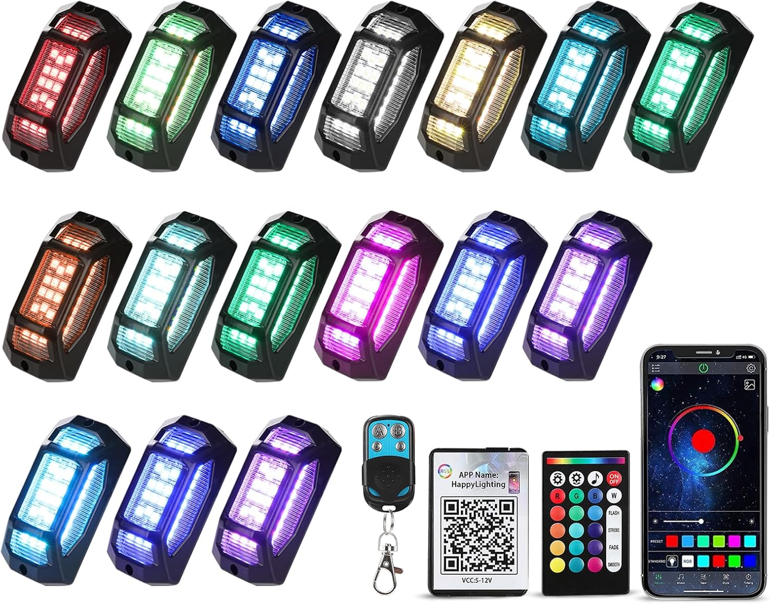 16 Pods 5-Sided RGB Rock Lights for Trucks Cars - IP67 Waterproof Exterior Underglow Neon Kit, Music Sync APP + RF Remotel, Easy No-Drill Install, Universal Fit for SUVs/Off-Road/Daily Use