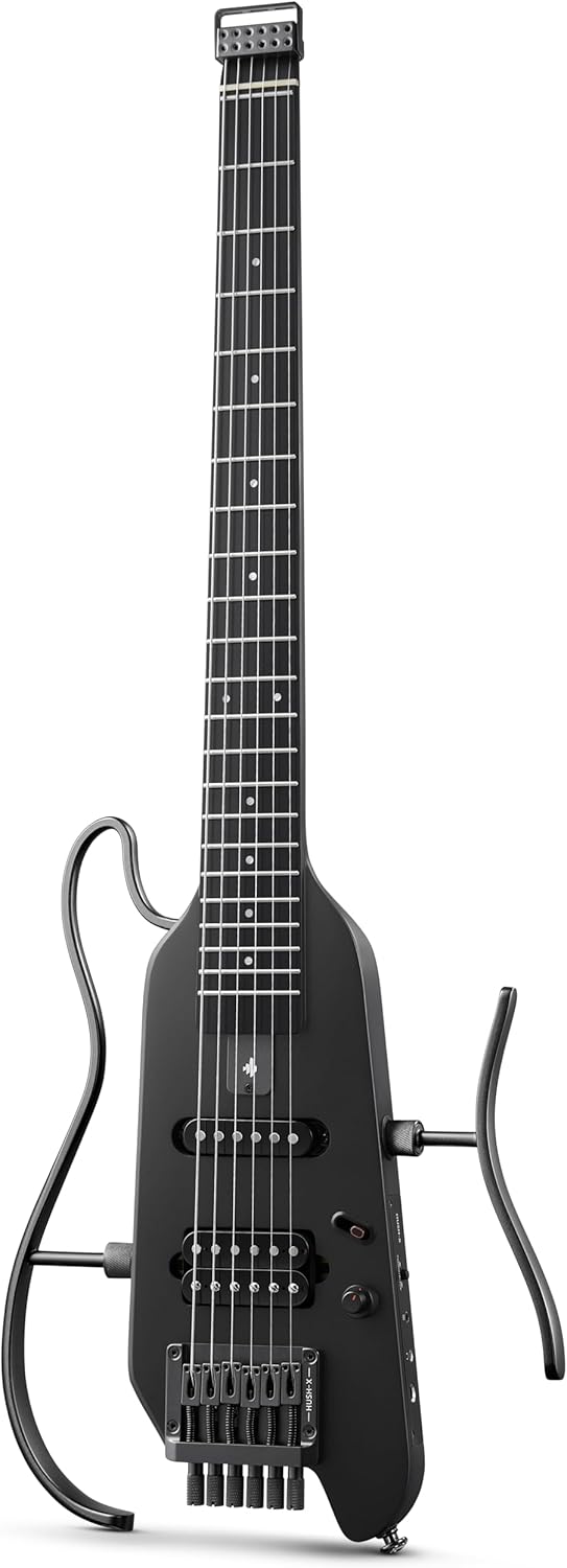 Donner HUSH X Electric Guitar Kit - Featherlight Travel Guitar with Easy Assemble Stands, Great for Travel and Practice, Mahogany Solid Body, Gig Bag, All Accessories, Black