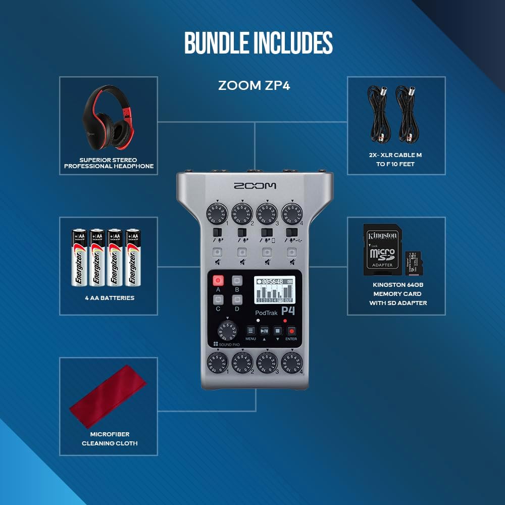 Zoom PodTrak P4 Portable Multitrack Podcast Recorder, Audio Interface w/ 4 Mic Inputs, 4 Headphone Outputs with 64GB SD, 2X XLR Cable, Headphone w/Built-in Mic, Batteries, and More