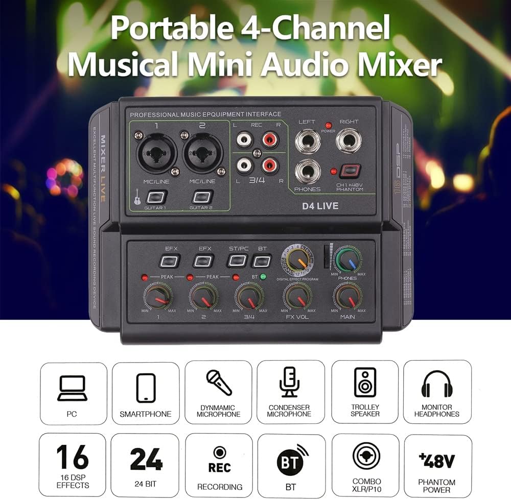 4-Channel Musical Portable Mini Audio Mixer Live Multi-Function Mixing Console USB Sound Recording Device Music Mixer Equipment
