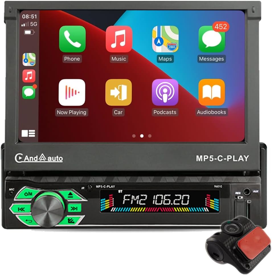 Bluetooth Car Stereo Apple Carplayer Android Auto 7 Inch Automatic Telescoping Touchscreen Radio Supports FM Android/iOS Mirror Link SWC,Single Din Car Audio with USB/TF Card Port/AUX-in DVR