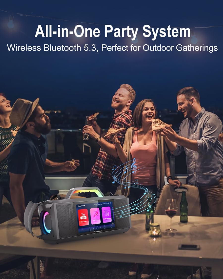 Pronext Karaoke Machine with Lyrics Display for Adults Kids, 200W Sound, 10 Inches Touch Screen, 2 Wireless Microphones, Portable Karaoke PA System, Connects to TV for Home, Party, or Backyard