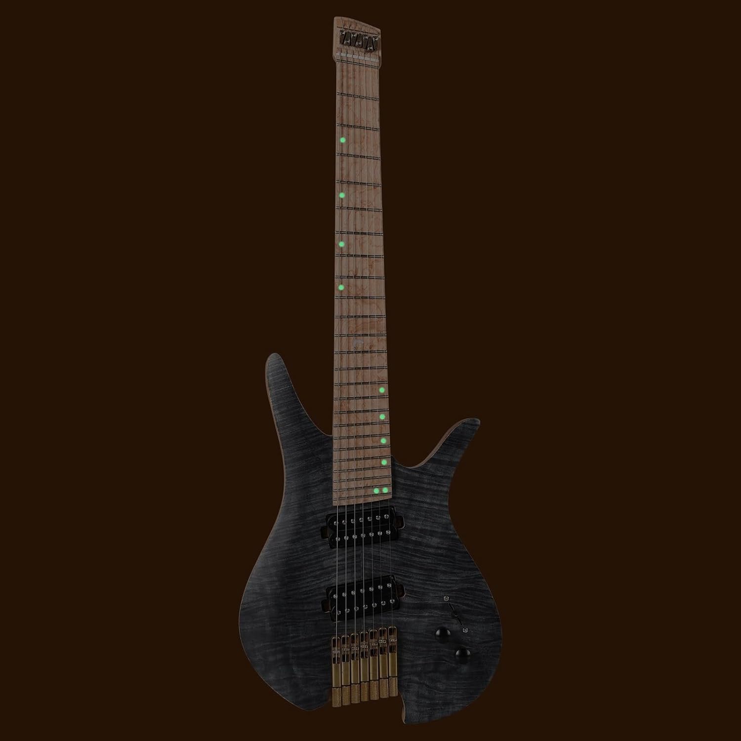 Headless Electric Guitar 7 String Fanned Fret Headless Electric Travel Guitar Ash Wood with Flame Maple Veneer