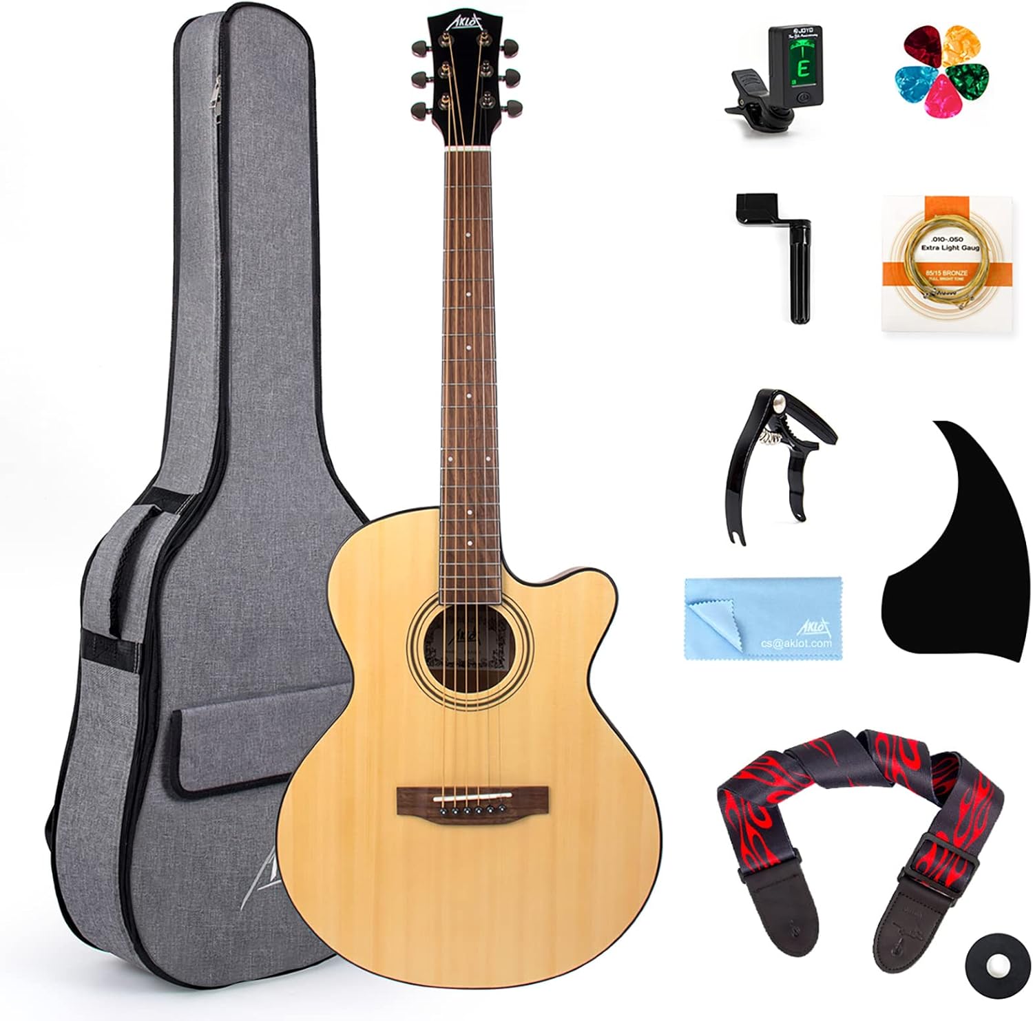 AKLOT Acoustic Guitar for Beginners Full Size 4/4 Folk Guitars Cutaway Acoustique Guitare Starter Kit (38‘’ Spruce Wood W/Bag)
