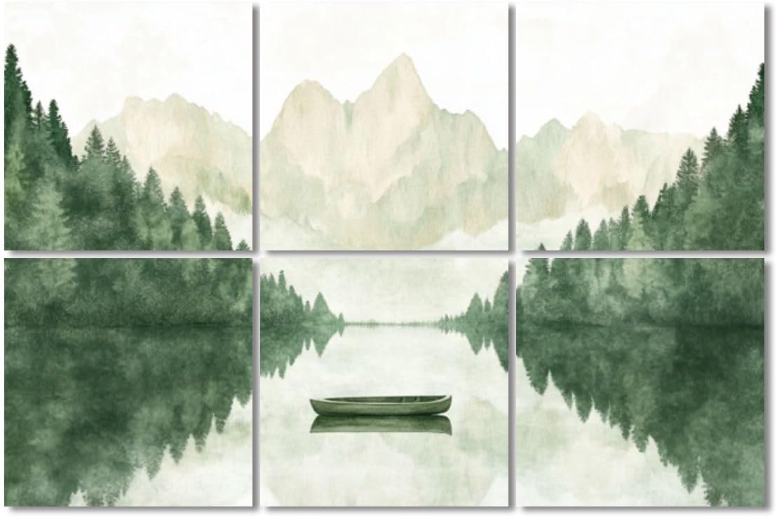 6 Pack Art Acoustic Panels Sound Absorbing Lake Mountains Forest Scenery Nature Landscape Modern Boat Rowboat Decorative Soundproof Wall Panels Self Adhesive for Recording Studios Office 72