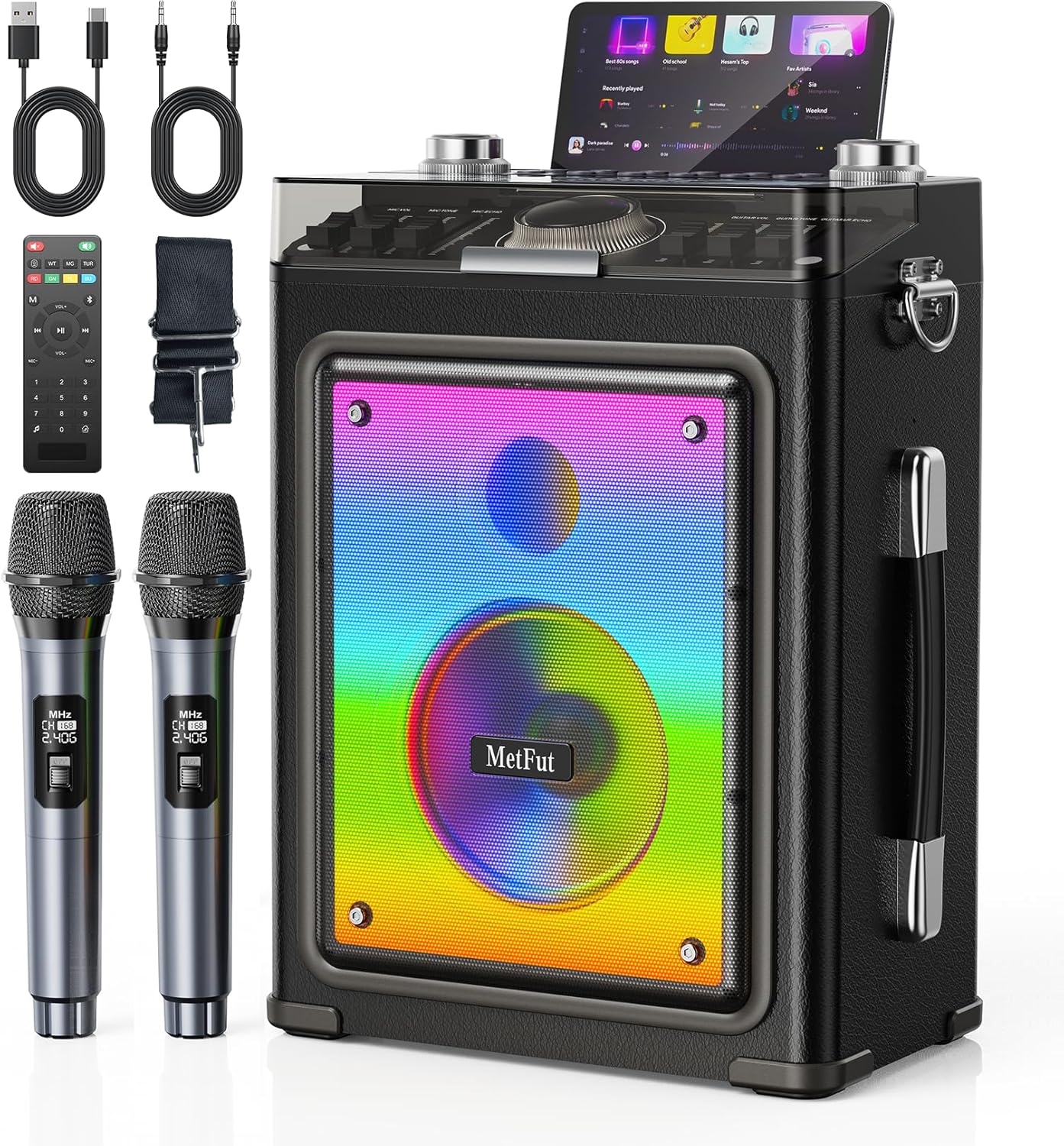 Karaoke Machine for Adults with 2 Wireless Microphones & Guitar Input, Professional Bluetooth 5.3 Speaker, Portable Wooden Karaoke PA System with Bass/Treble Adjustable for Backyard, Home Party