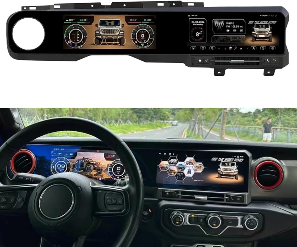 12.3 Inch Dual Screens Car Stereo Android Radio Digital Instrument Cluster for Jeep Wrangler JL 2018-2022 8+128G, Black