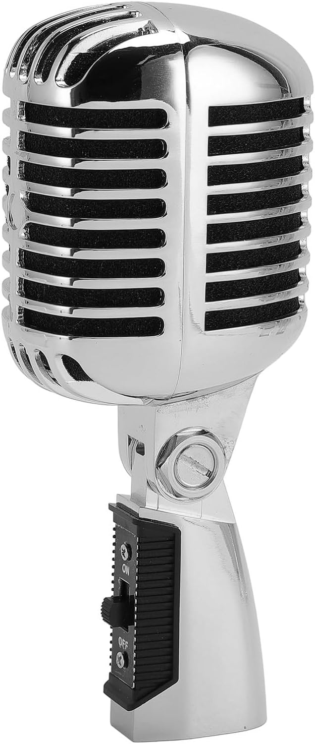 Heayzoki Retro Dynamic Vocal Microphone, Vintage Cardioid Directional Mic with Rack, Zinc Alloy Dynamic Vocal Microphone for KTV (Silver)