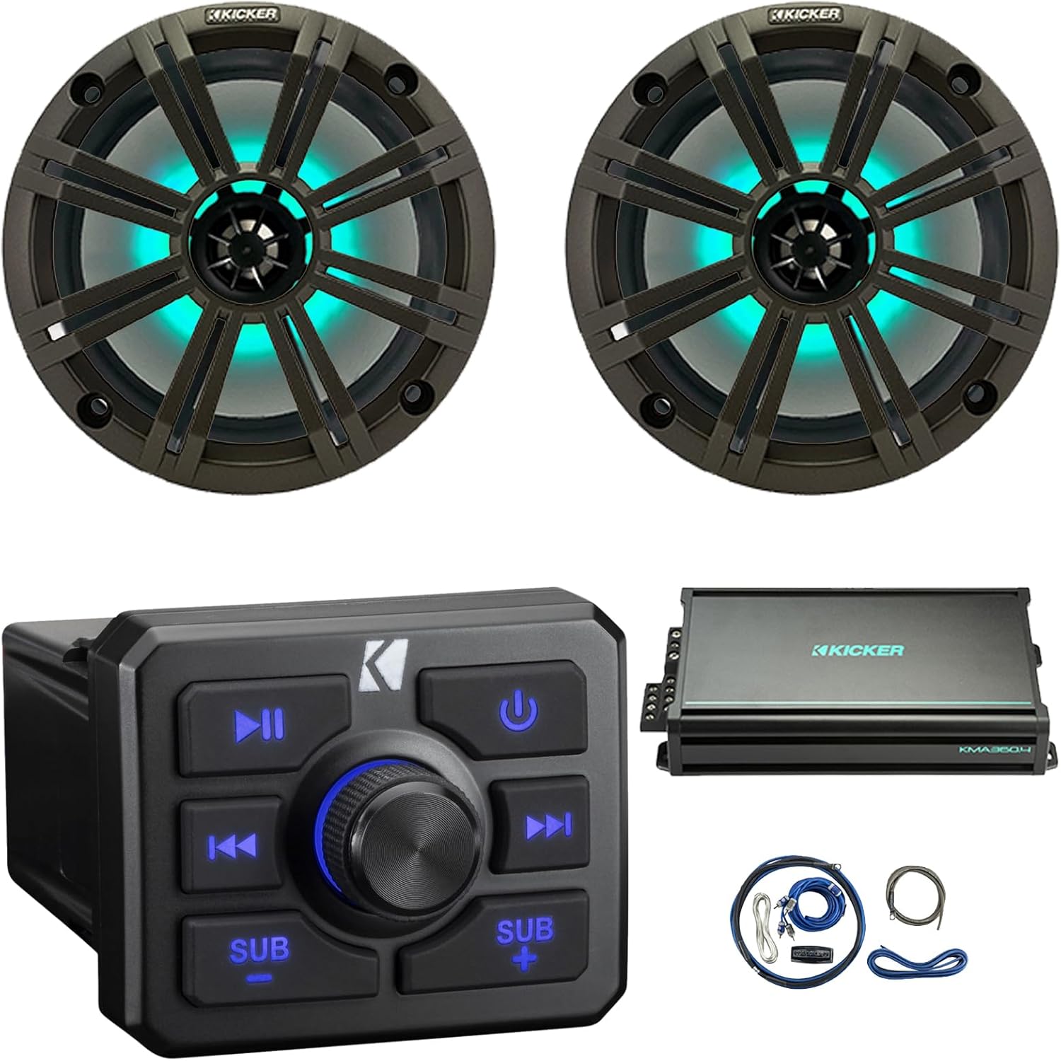 KICKER 51KBTR Marine Bluetooth Powersport USB/AUX Sub RCA Outputs Receiver, 2X 8 300W Max Power RGB LED Boat Audio Speakers W/Grille, 4-Channel Weather-Resistant Full-Range Amplifier W/Kit (Charcoal)