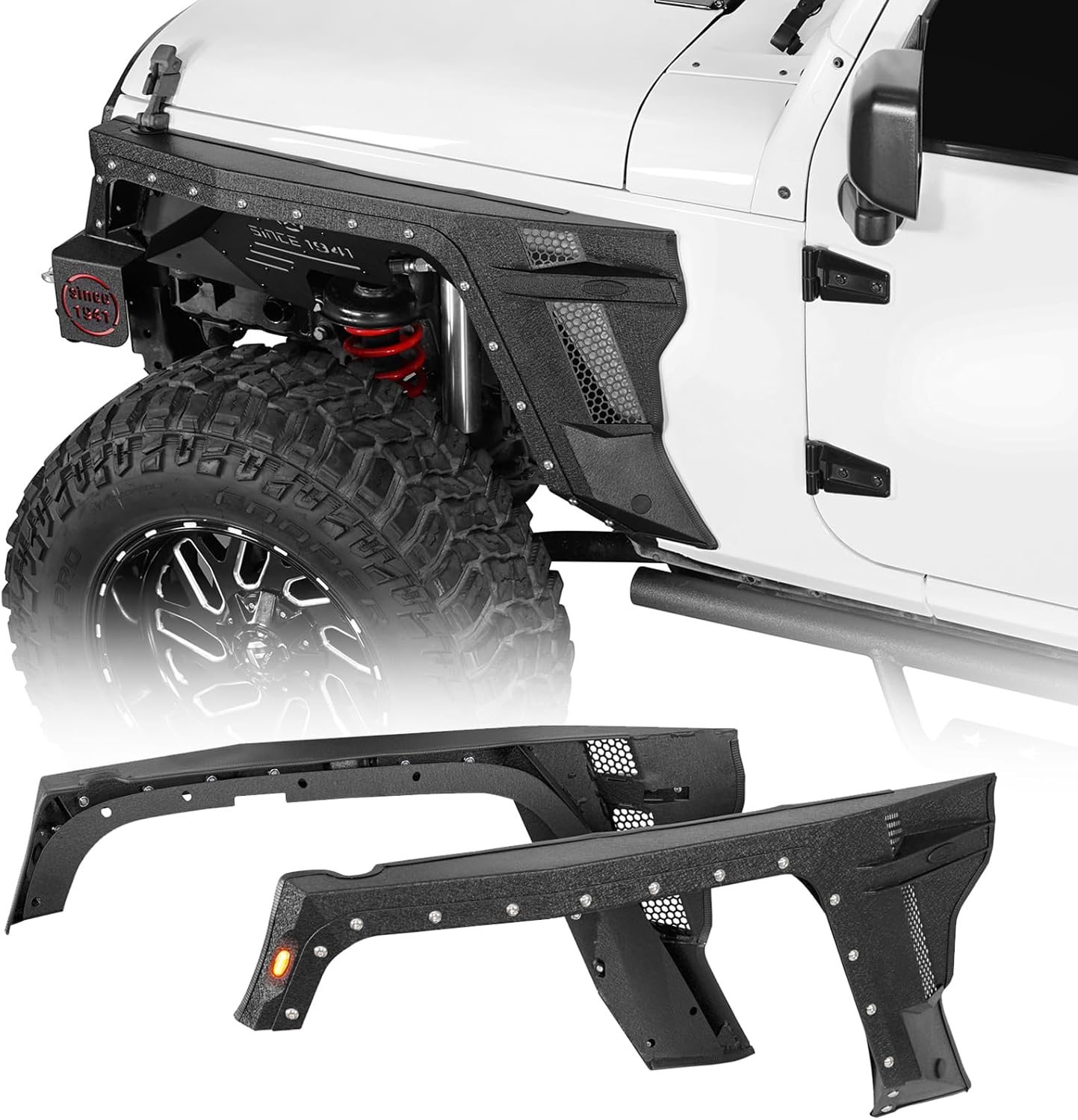 Hooke Road Bulwark JK Front Fender Flares w/Turn Signal Lights for 2007-2018 Jeep Wrangler JK & Unlimited 2/4 Doors, 2PCS Armor Style Steel Fenders
