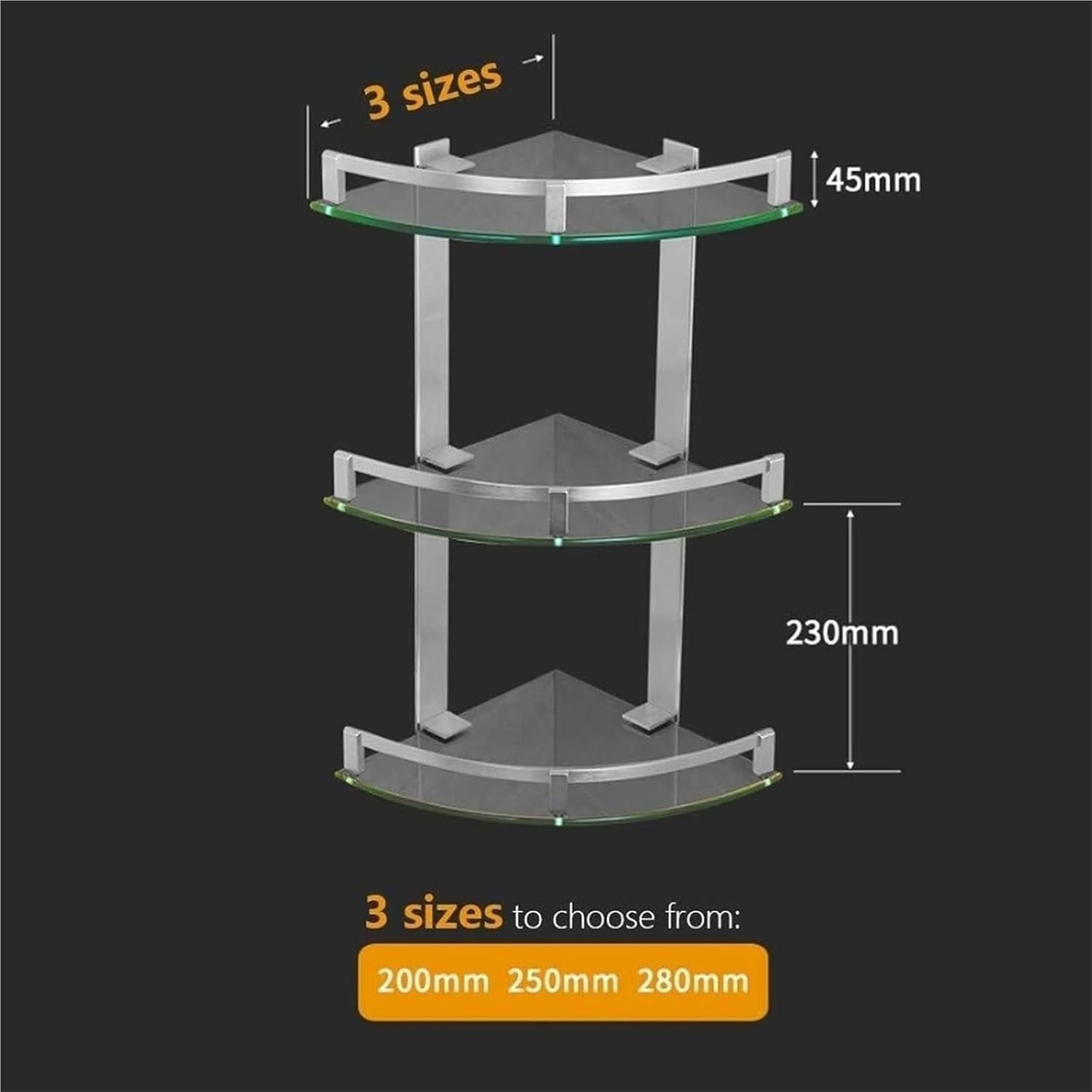 Glass Corner Shower Shelves, Bathroom Corner Shower Shelf, 3 Tier Glass Corner Shelf Shower Organizer, Bathroom Wall Organizer, Rustproof, for Bathroom Organizer.(200mm)