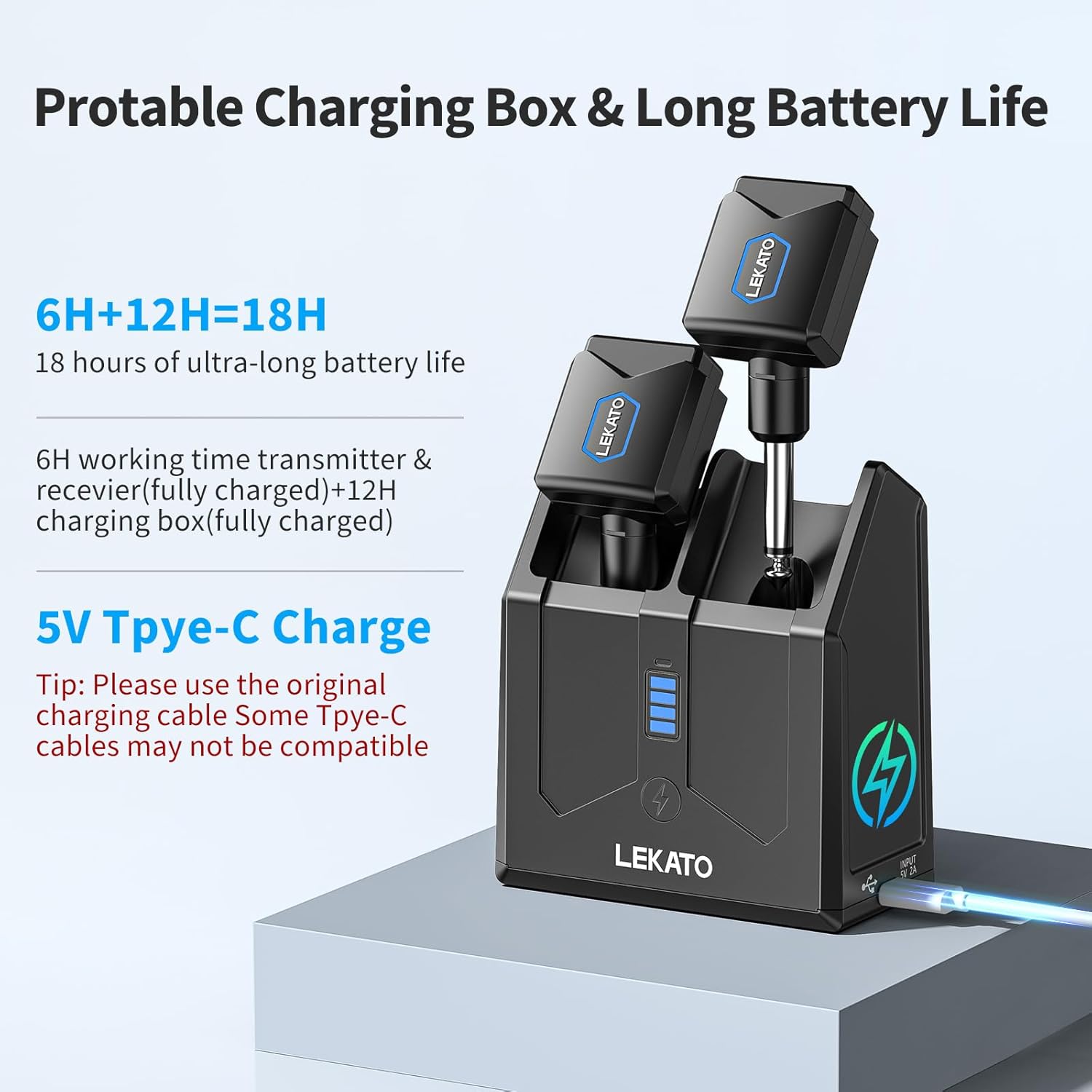 LEKATO 5.8GHz Guitar Wireless System with Charging Case, Rechargeable Wireless Guitar Transmitter Receiver for Electric Guitar Bass Instrument