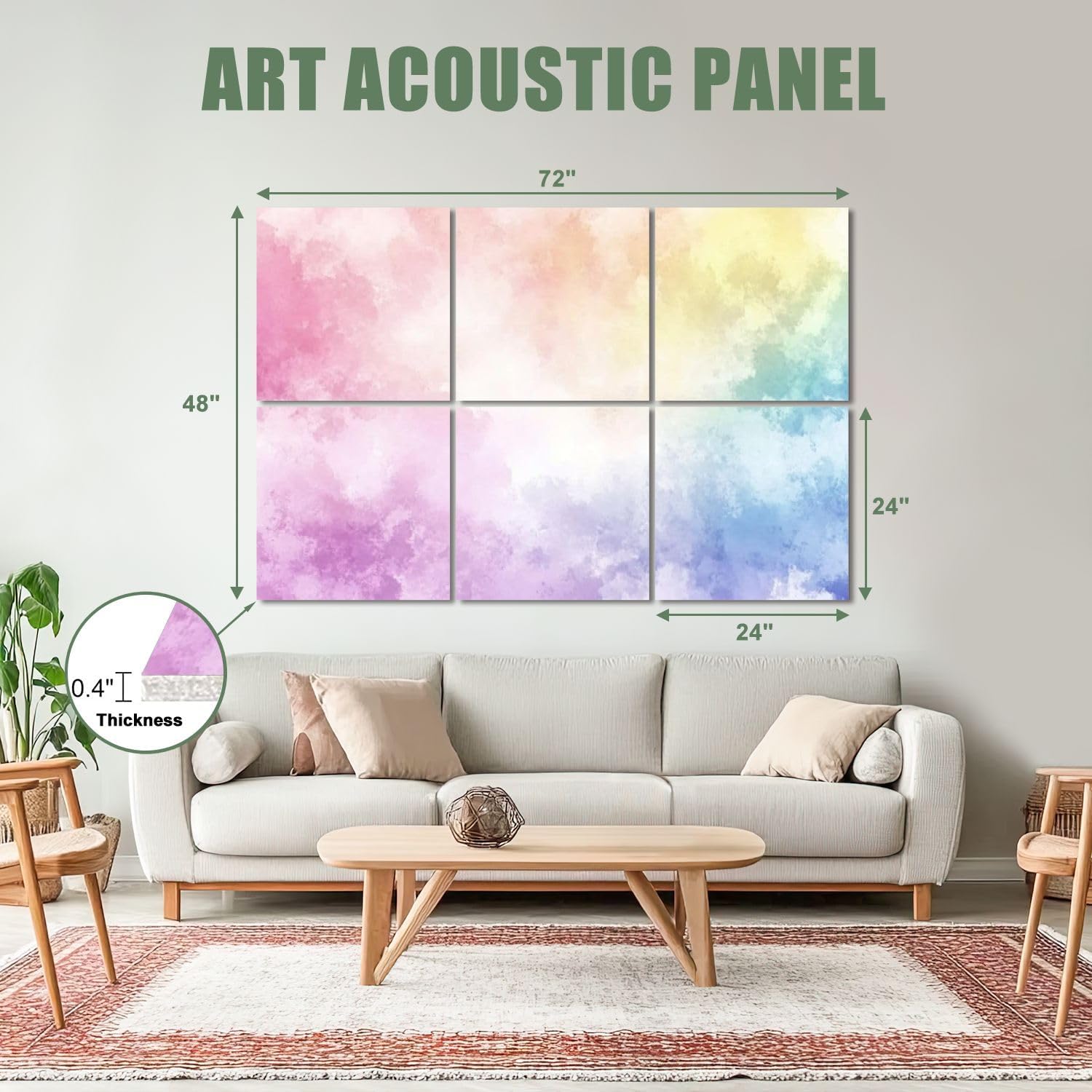 6 Pack Art Acoustic Panels Sound Absorbing Bright Pastel Rainbow Gradations Yellow Gold Pink Cyan Purple Colors Decorative Soundproof Wall Panels Self Adhesive for Recording Studios Office 72
