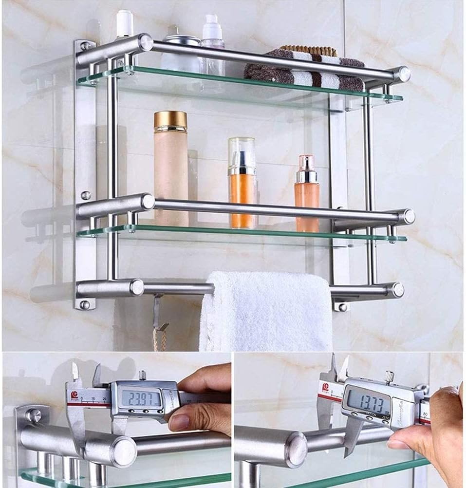 WOLWES SUS304 Stainless Steel Bathroom Glass Shelf with Towel Bar and Movable Hook Rustproof Wall Mount 40-50cm Punch Installation (Color : 2 Tiers, Size : 40cm)