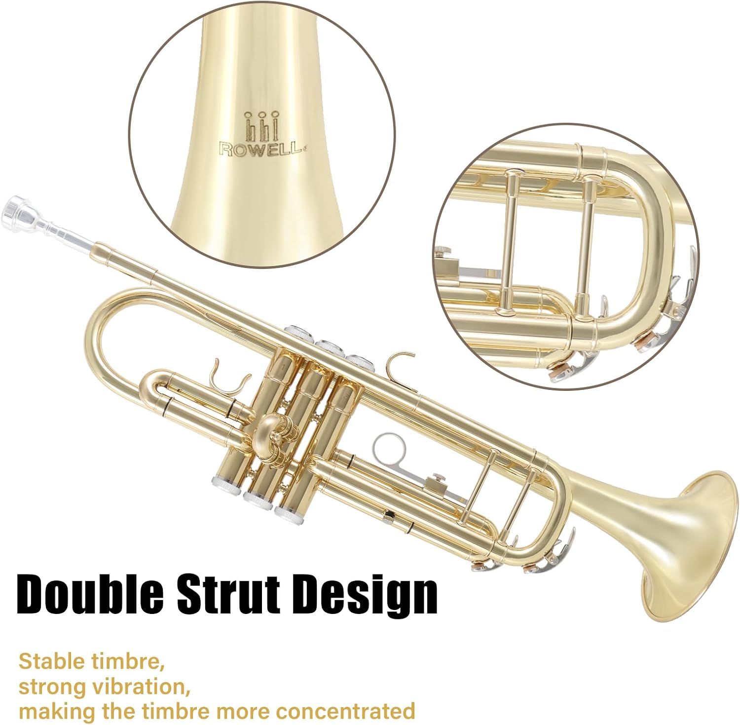 ROWELL Bb Trumpet Standard Trumpet Set,Double Support Beam Design Trunpet, Trumpet Instrument with Hard Case, Cleaning Kit, Stand, Mouthpiece, Gloves, Valve Oil for Beginner,Student and Adult.(Gold)