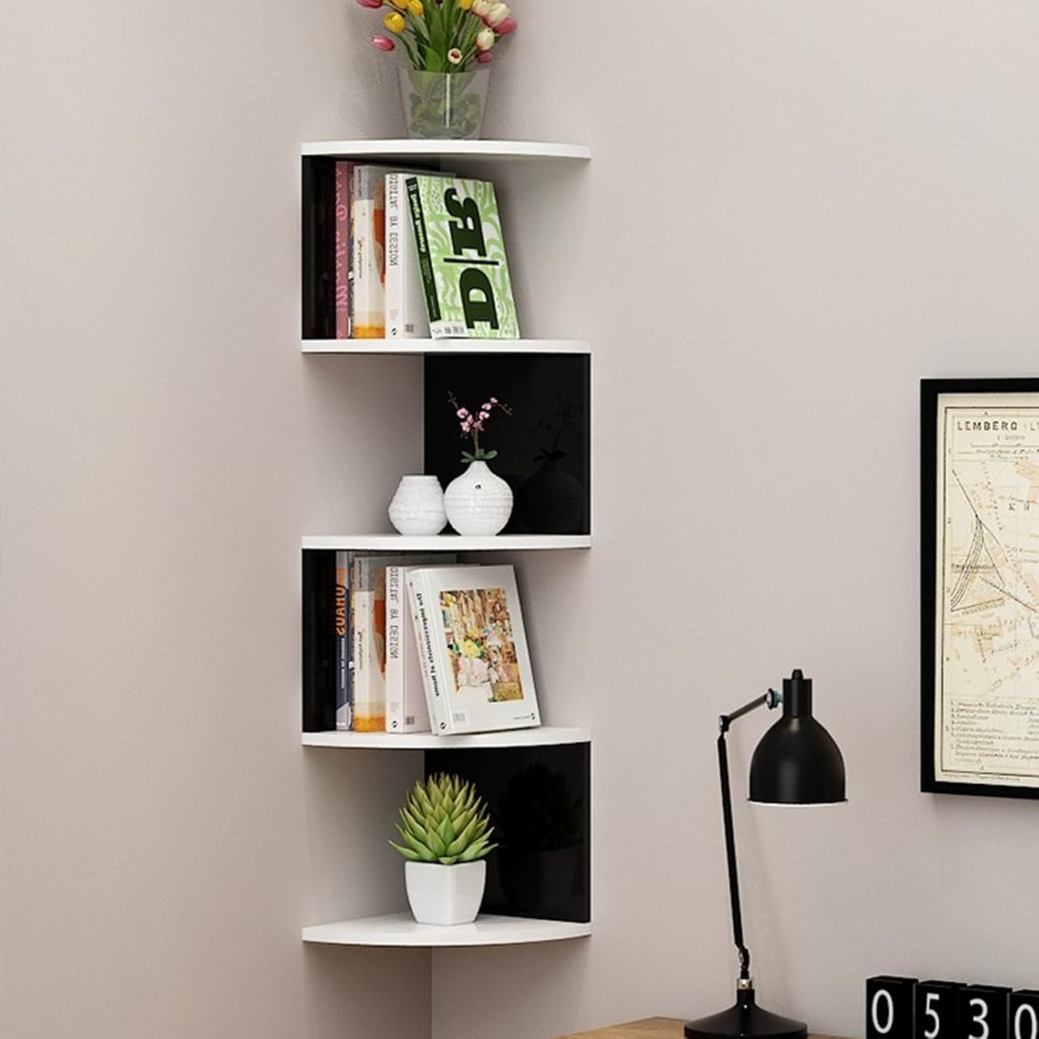 Corner Shelf Wall Mount, 5/7 Tier Floating Bookshelf, Plant Shelf for Bedroom, Living Room, Bathroom, Home Office, Fit 90° Wall Corners (Black+White 26x113cm)